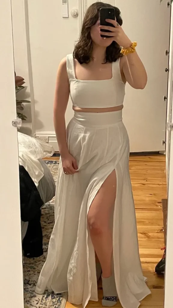 Two-piece formal outfit with a thigh-high split after alteration