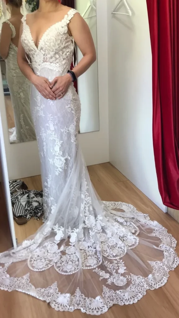 Lace mermaid wedding gown after bridal alterations