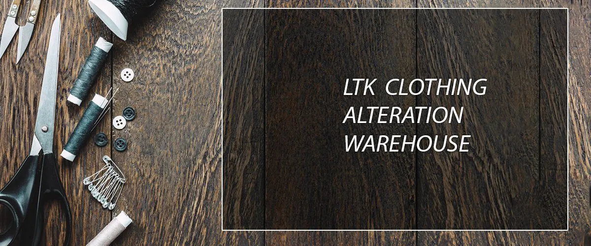 Tailoring scissors and tools beside the LTK Clothing Alteration Warehouse sign